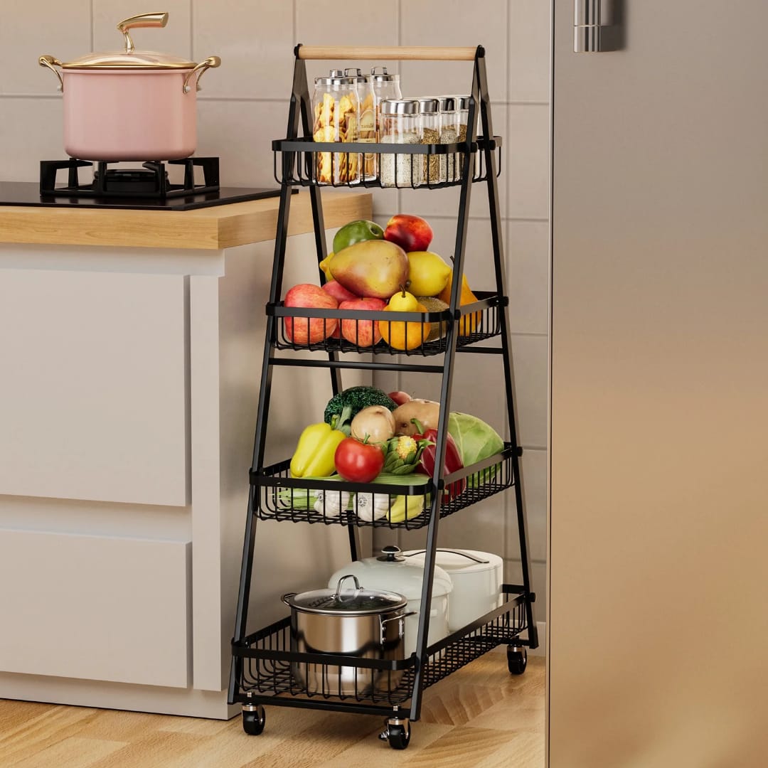4-layer metallic multifunctional storage rack with movable locking wheels