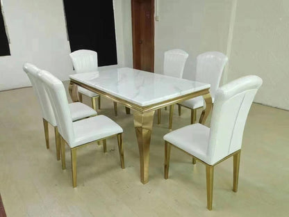 Six Seater Marble Dining Table with Microfiber Chairs