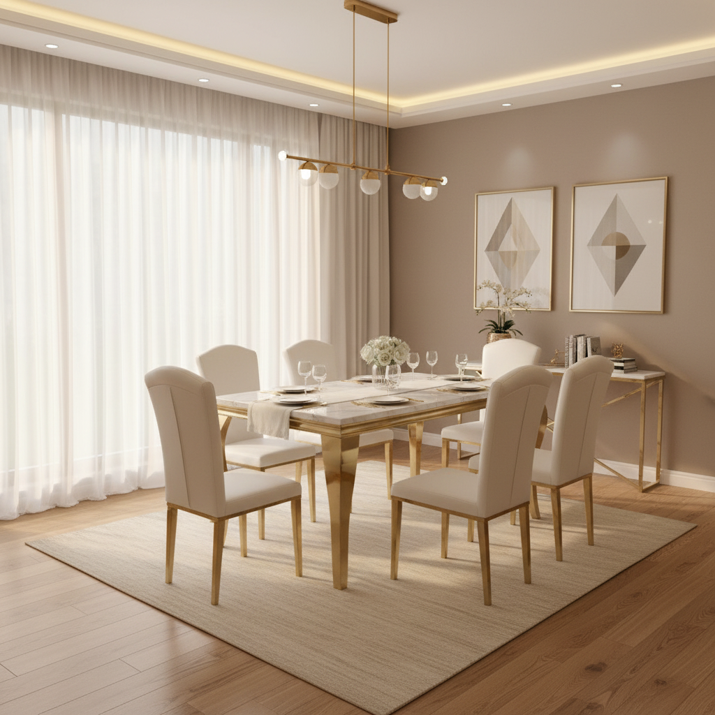 Six seater marble dining table with microfiber chairs and gold or silver finished legs.