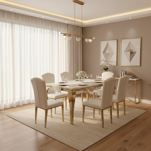 Six seater marble dining table with microfiber chairs and gold or silver finished legs.