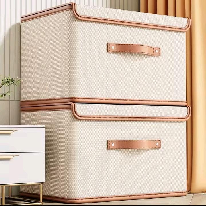 Foldable fabric storage box with reinforced handle and protective lid, 58×35×31 cm