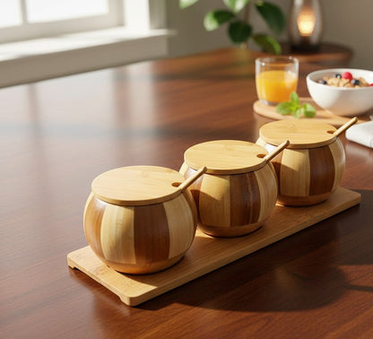 3pcs Condiment Jars with Bamboo Stand