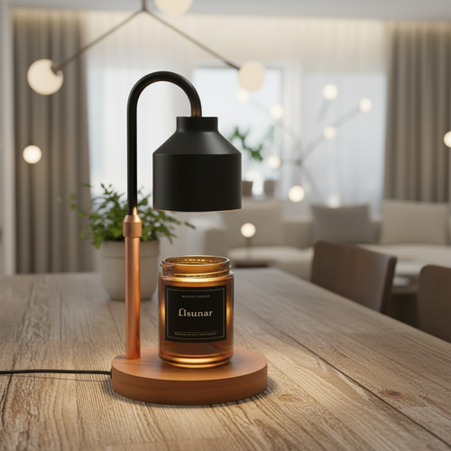 Black electric candle warmer lamp with wooden base and metal frame.