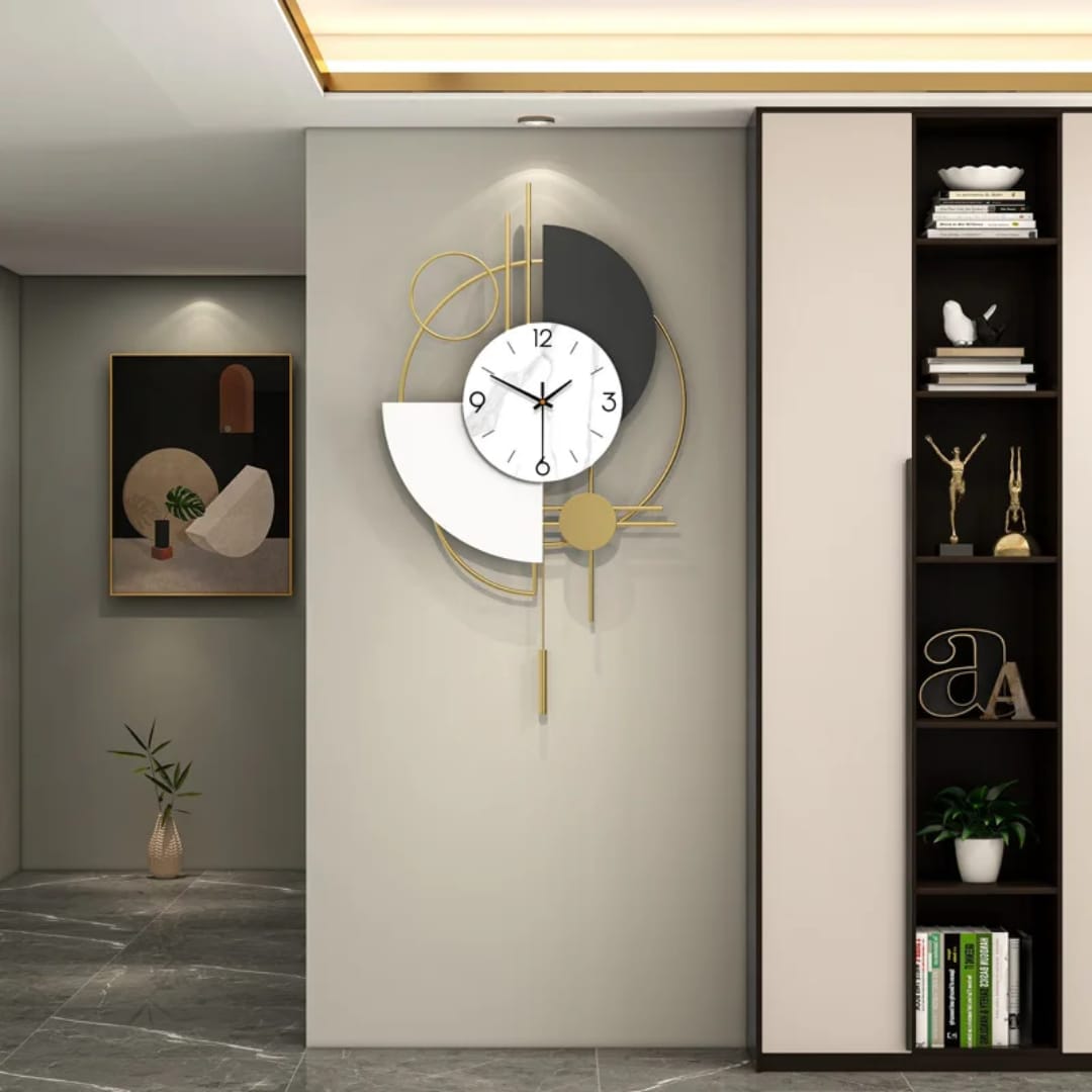 Modern metal geometric silent wall clock with pendulum and crescent arc design, 42×74cm, with included wall hook