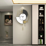 Modern metal geometric silent wall clock with pendulum and crescent arc design, 42×74cm, with included wall hook