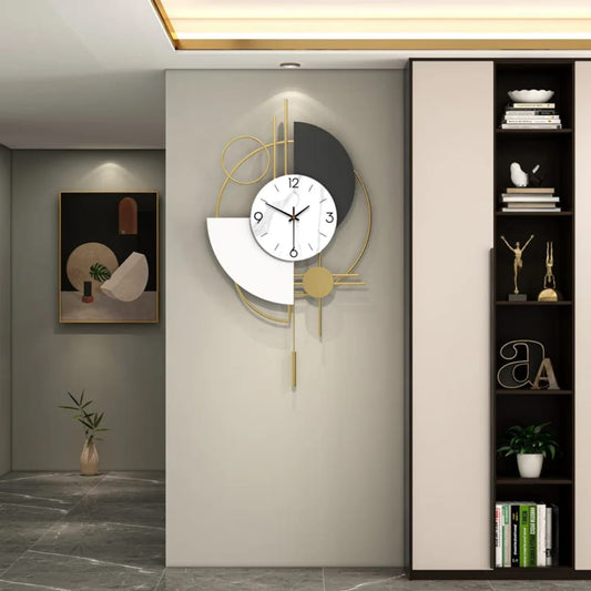Modern metal geometric silent wall clock with pendulum and crescent arc design, 42×74cm, with included wall hook