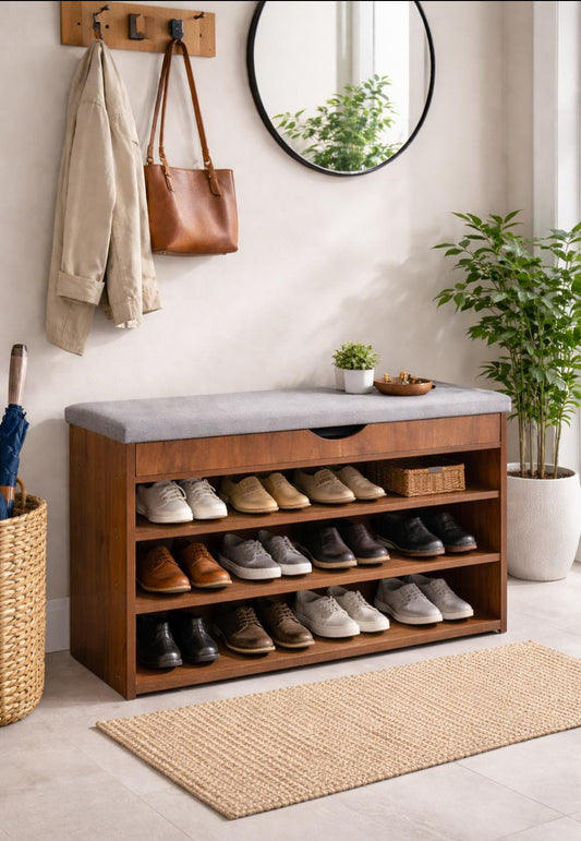 3-tier rubberwood shoe rack storage bench with seating, compact mid-century modern design for entryway, hallway, or foyer