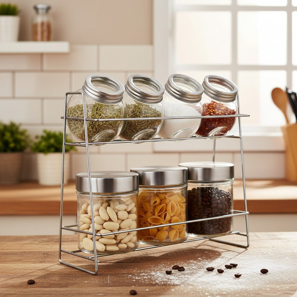 Set Of 7 Airtight Glass Storage Jars With Stainless Steel Lids