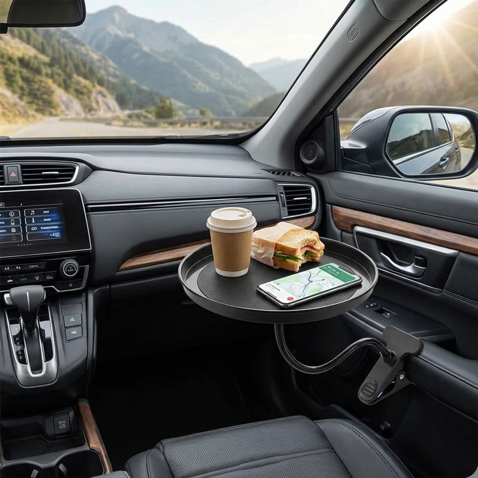 Multifunctional 360-degree adjustable car food and drink tray for convenient travel dining and storage