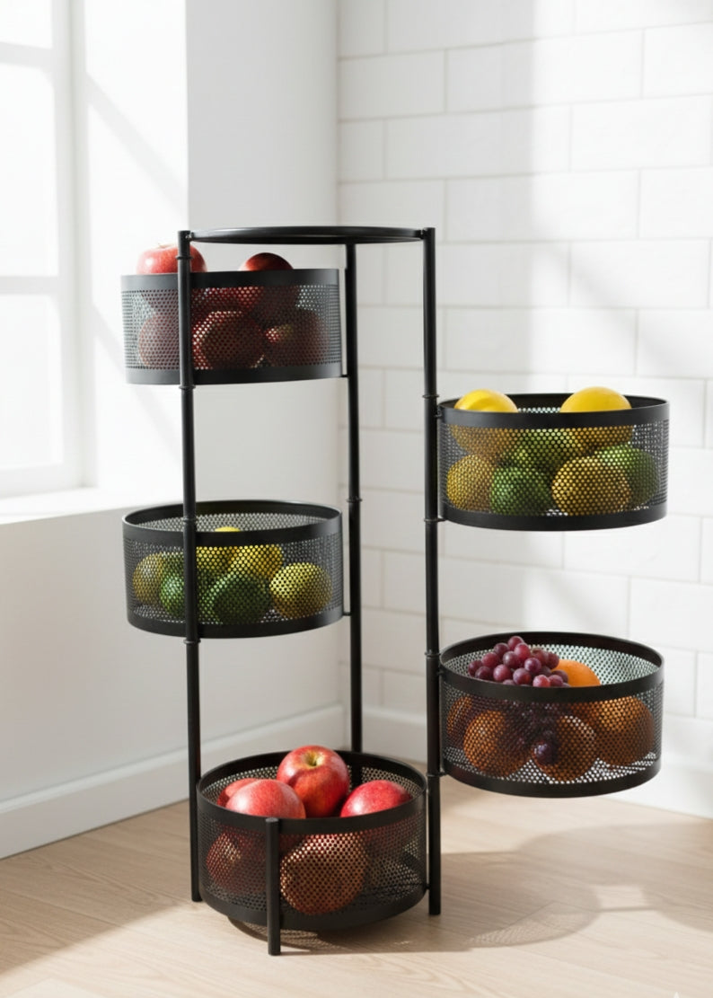 5-layer Round fruit rack for organized kitchen storage.