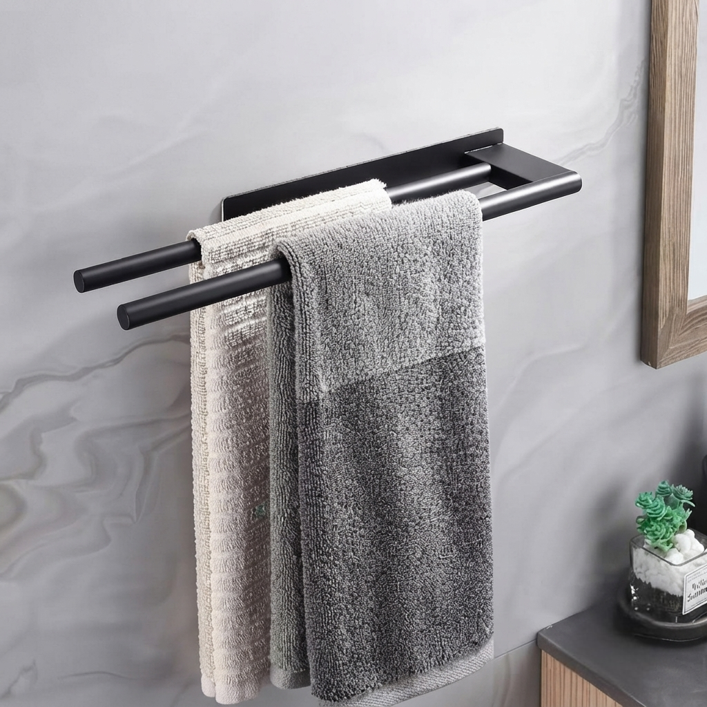 Double layer towel holder for organizing towels in bathrooms and kitchens