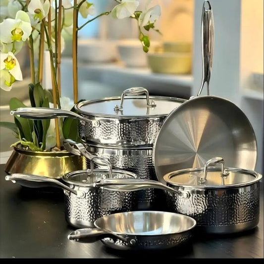 10pcs tripply stainless steel cookware set with hammered design, honeycomb frying pans, and stainless steel lids