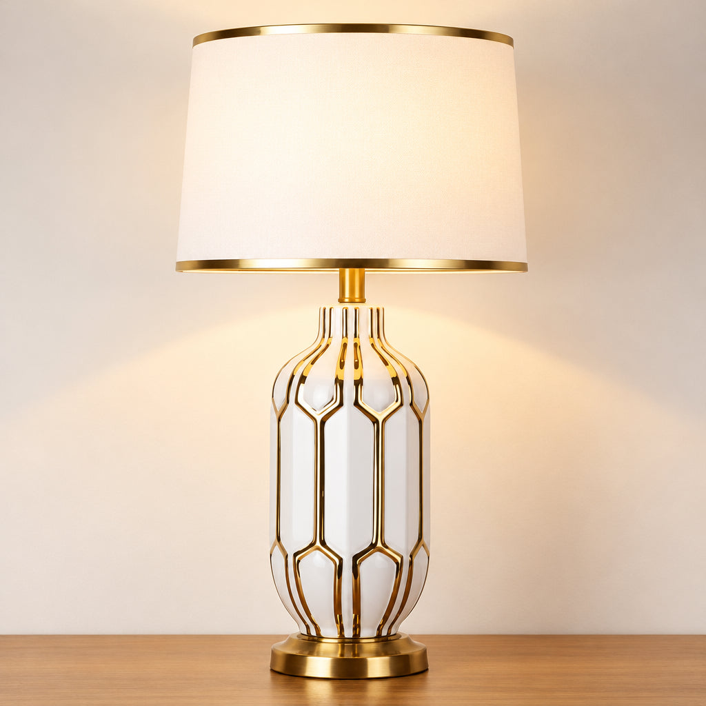 Ceramic Table Lamp with Gold Accents and Drum Shade