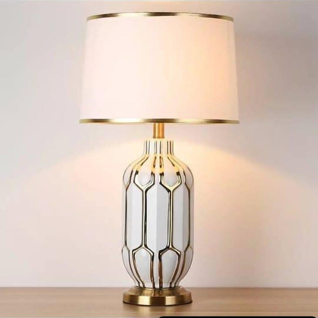Ceramic Table Lamp with Gold Accents and Drum Shade