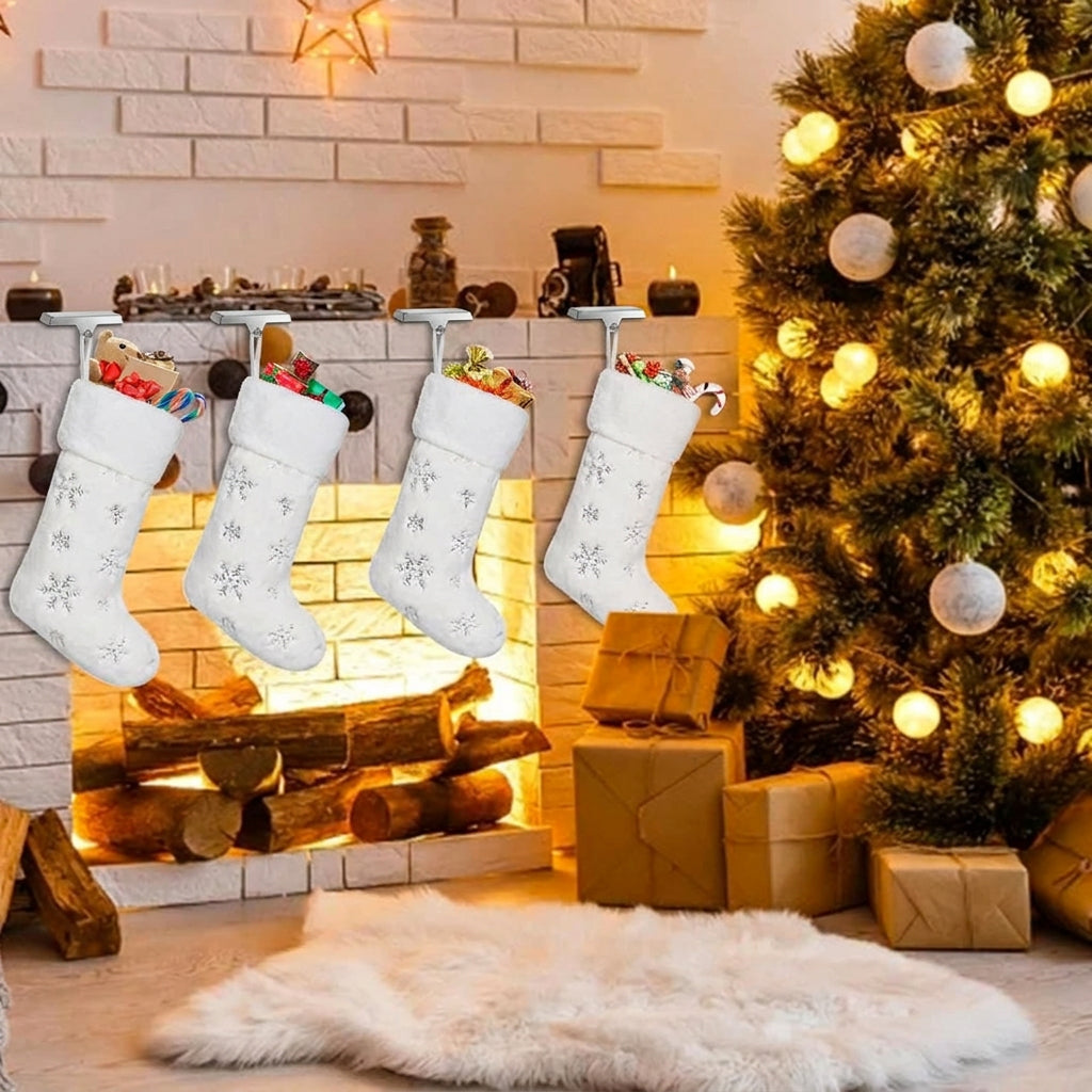 4 Pack White Faux Fur Christmas Stockings with Silver Sequin Snowflakes