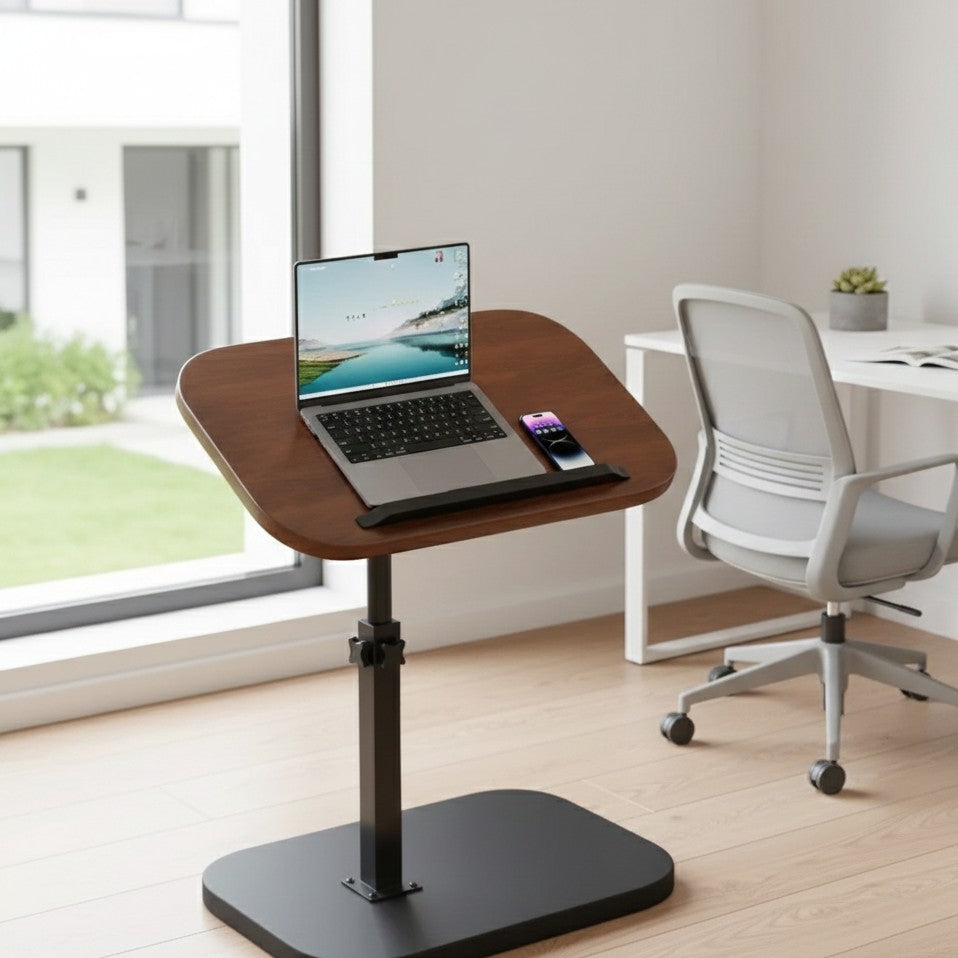 Adjustable solid wooden laptop and coffee table suitable for home and office use.