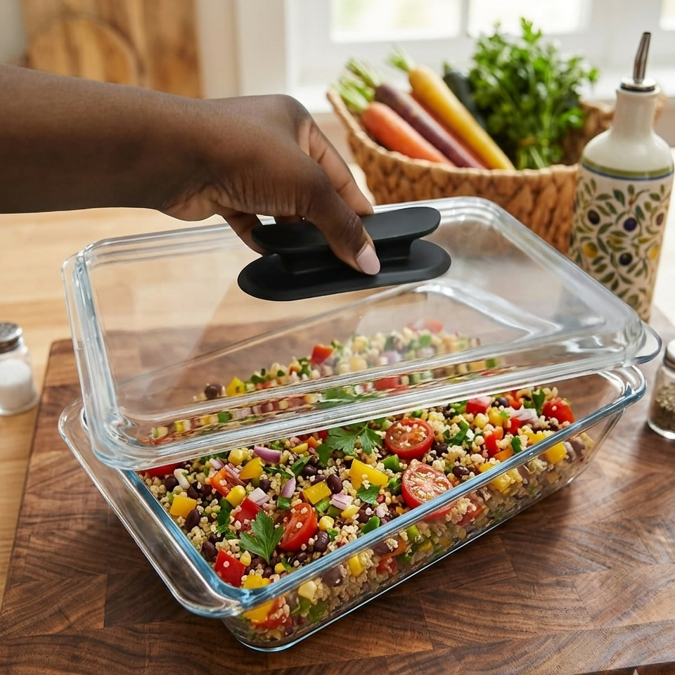 Glass casserole baking and storage dish with lid and 3000ml capacity for cooking and food preservation