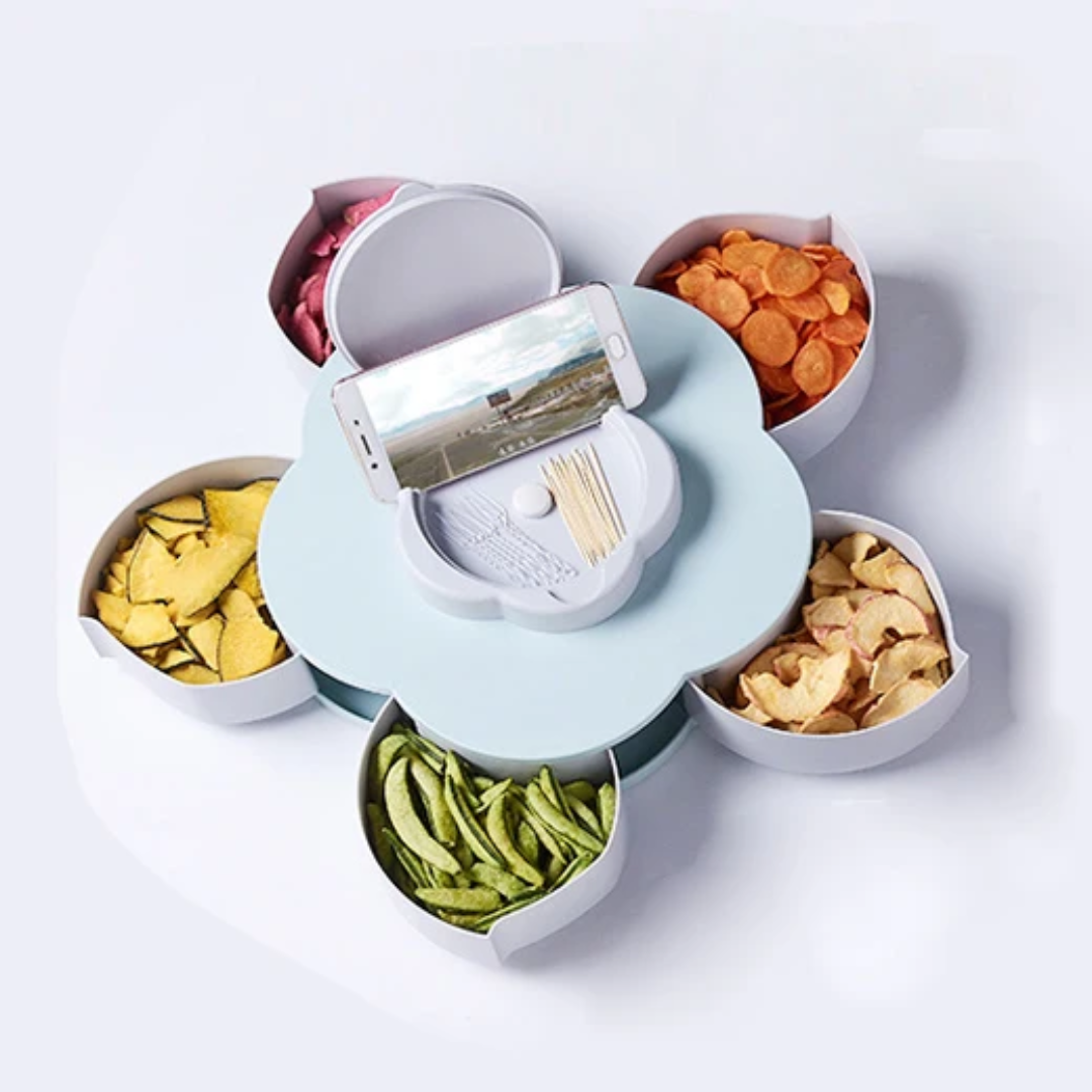 5-Petal Plum-Shaped Rotating Snack & Fruit Bowl with Mobile Phone Holder