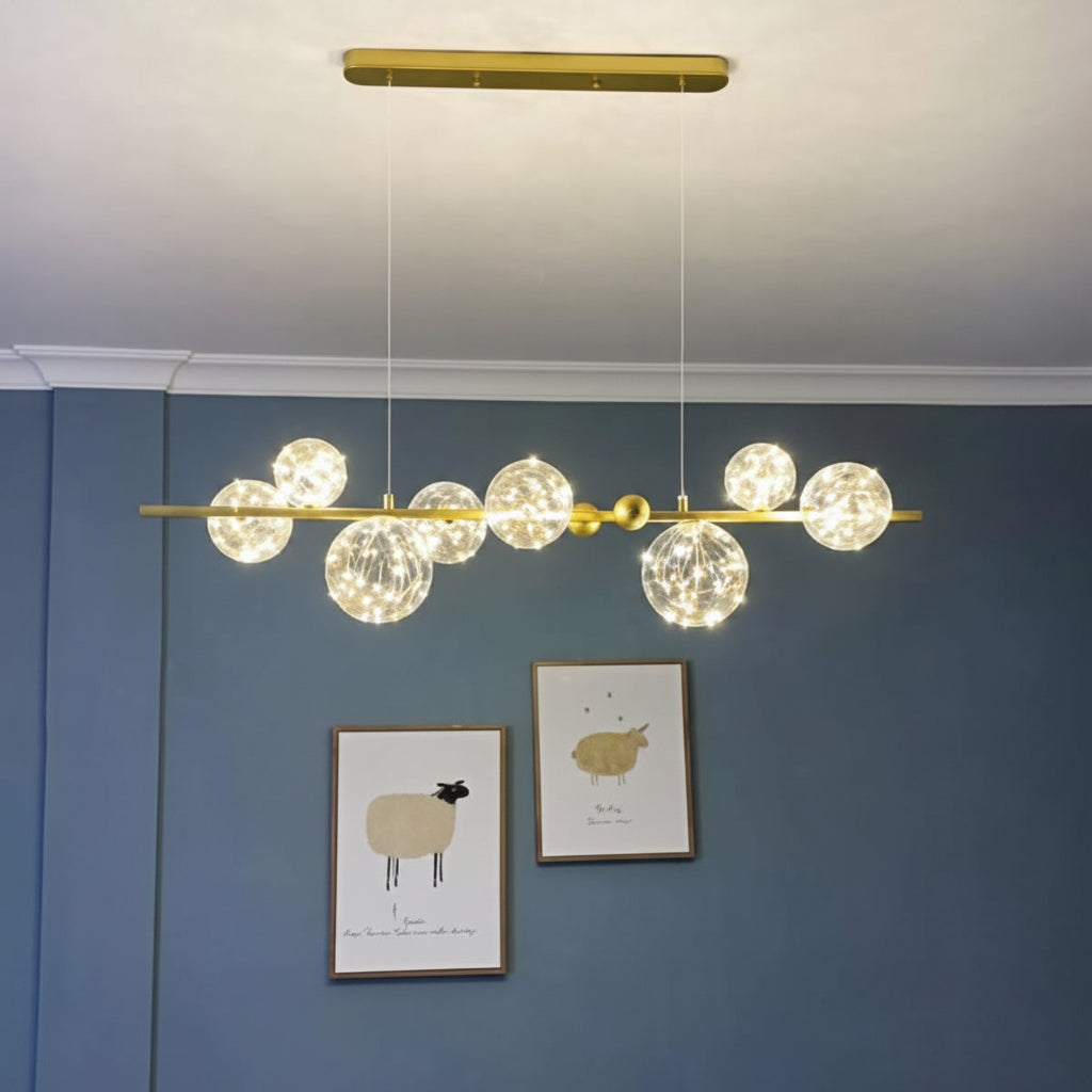 Set of five modern pendant lights with glowing elegant designs for interior décor