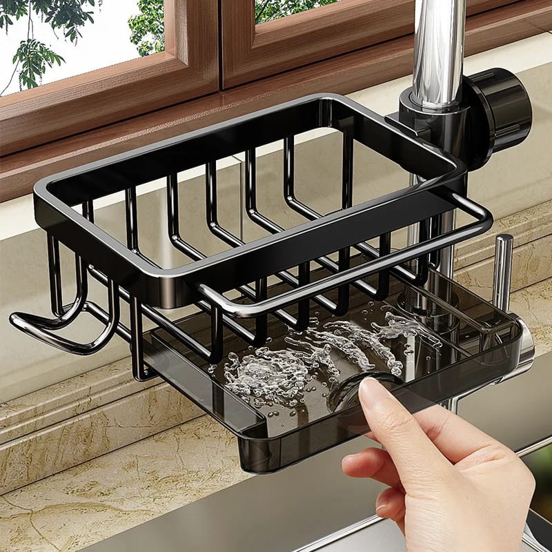 Faucet drain rack kitchen sink organizer with hook for sponge and accessory storage