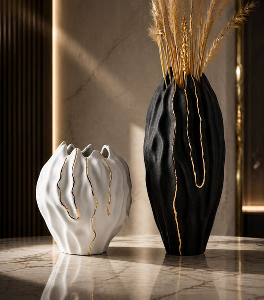 Gold and black tall vase set of 2 pieces for elegant floor and entryway home décor