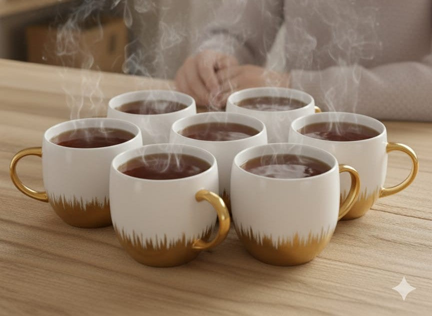 6pcs Porcelain White Pot Cup with Gold Detail