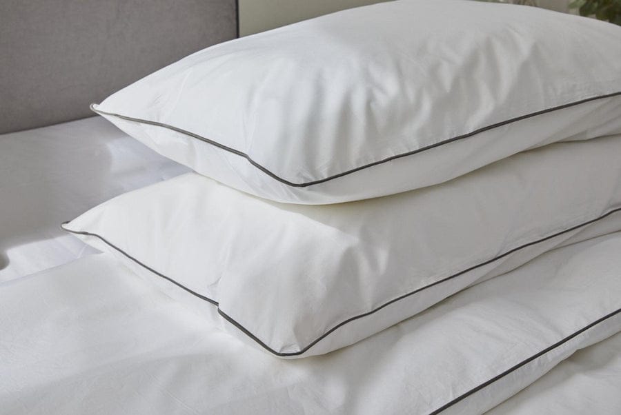 Piped Edged White Pillows With Manor Grey Trim