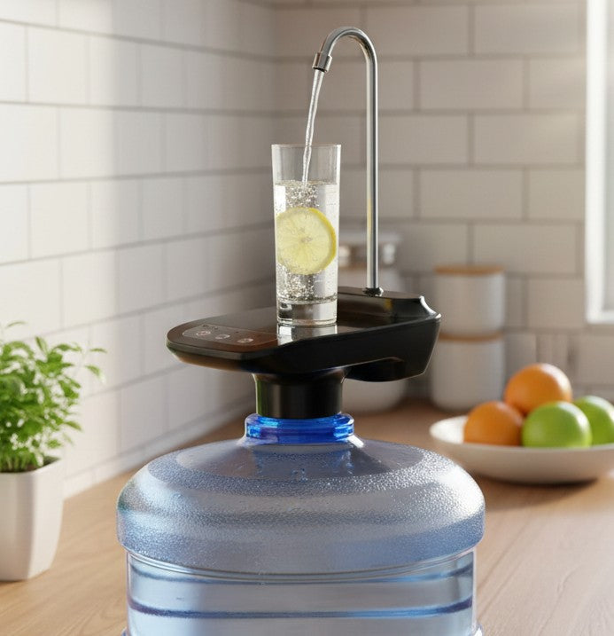 Black automatic rechargeable water pump with stainless steel outlet pipe for water bottles