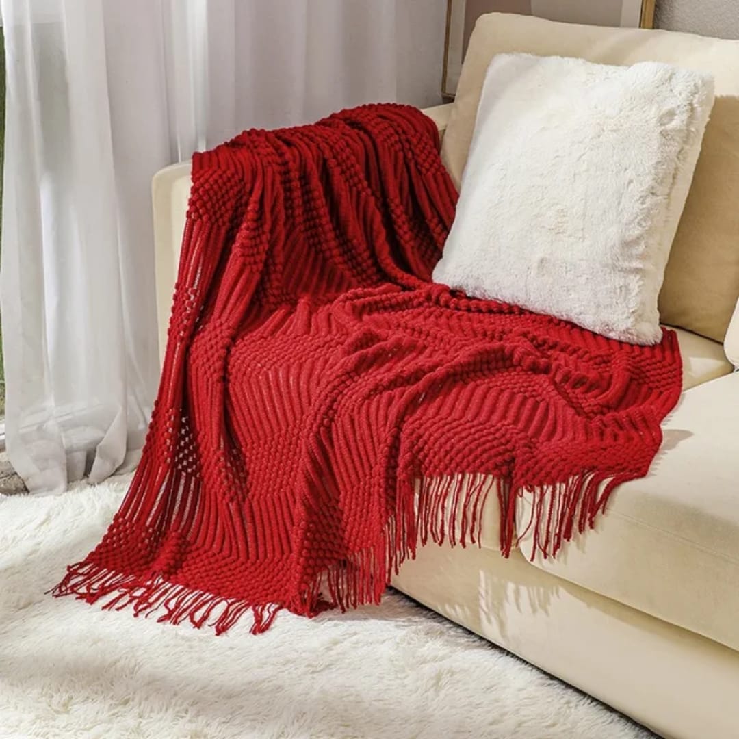 Knitted Throw Blanket With Tassels
