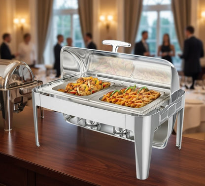 9L stainless steel silver roll-top food server with glass window for parties and buffets