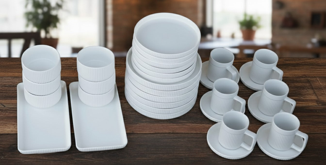 32-piece matte stoneware smooth finish white dinner set with plates, bowls, mugs, saucers, and rectangular platters