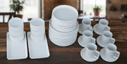 32-piece matte stoneware smooth finish white dinner set with plates, bowls, mugs, saucers, and rectangular platters