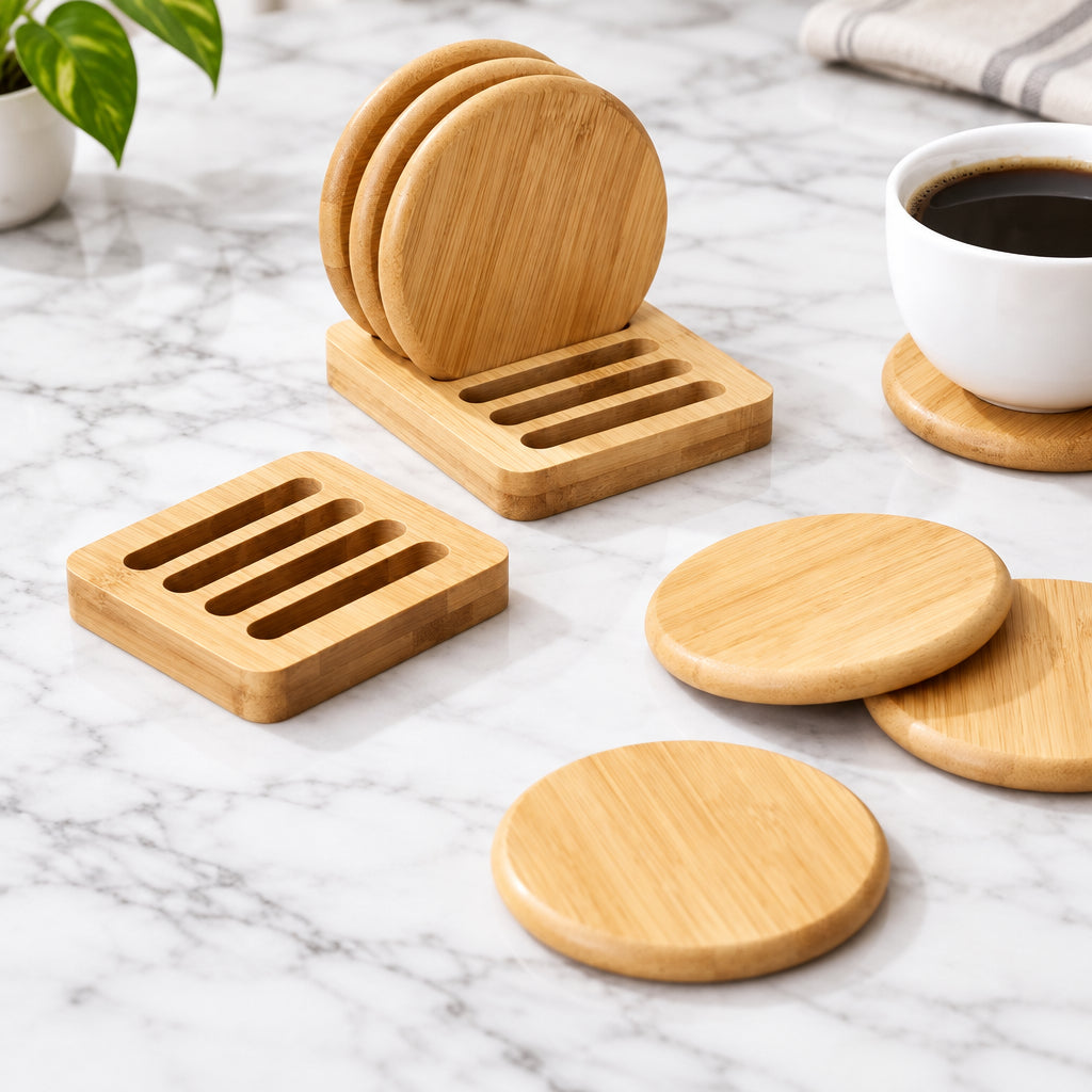 6Pcs Heavy Duty Bamboo Coaster Set with Holder Rack