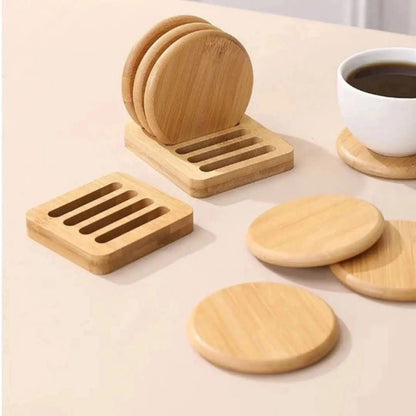 6Pcs Heavy Duty Bamboo Coaster Set with Holder Rack