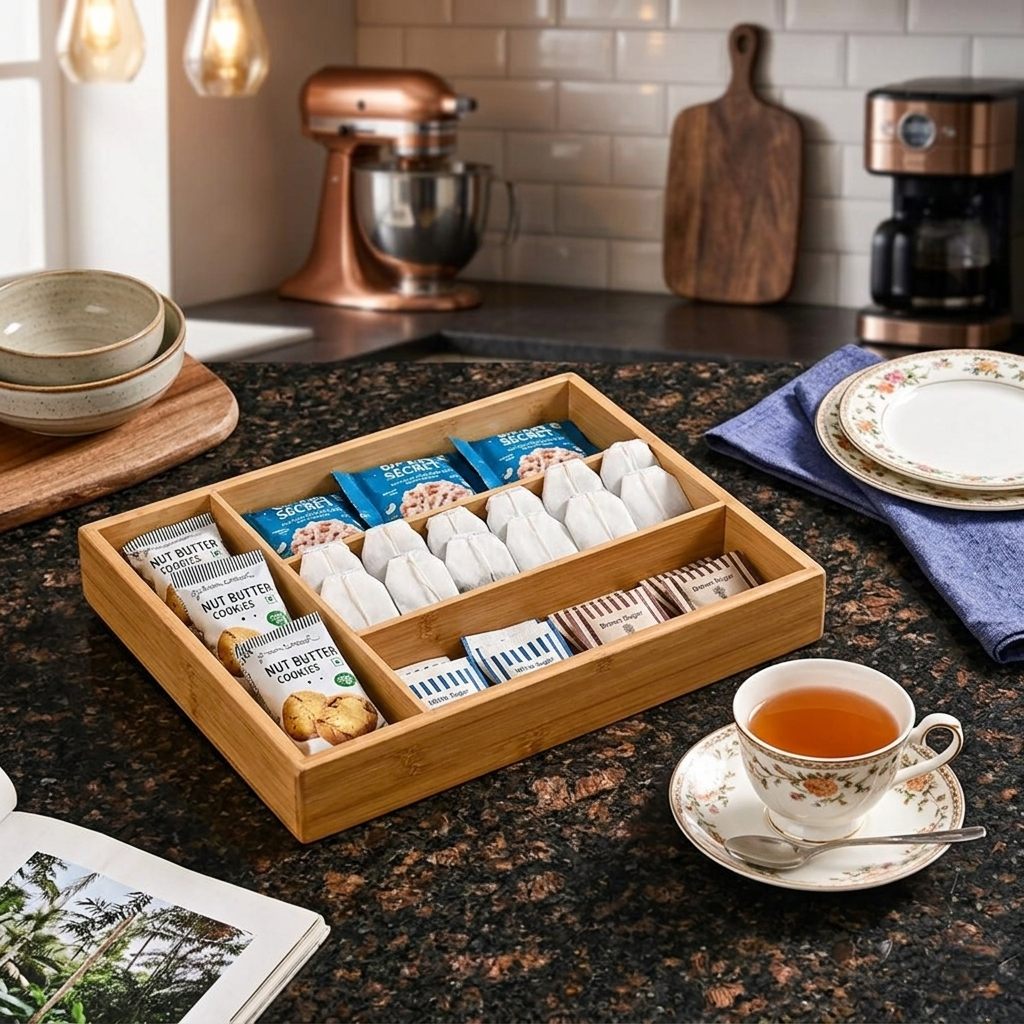 Bamboo cutlery tray with 4 compartments for organizing kitchen drawers cosmetics and stationery