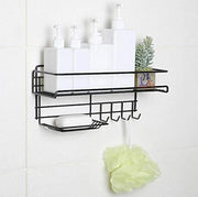 Black heavy-duty self-adhesive metal bathroom rack with hooks
