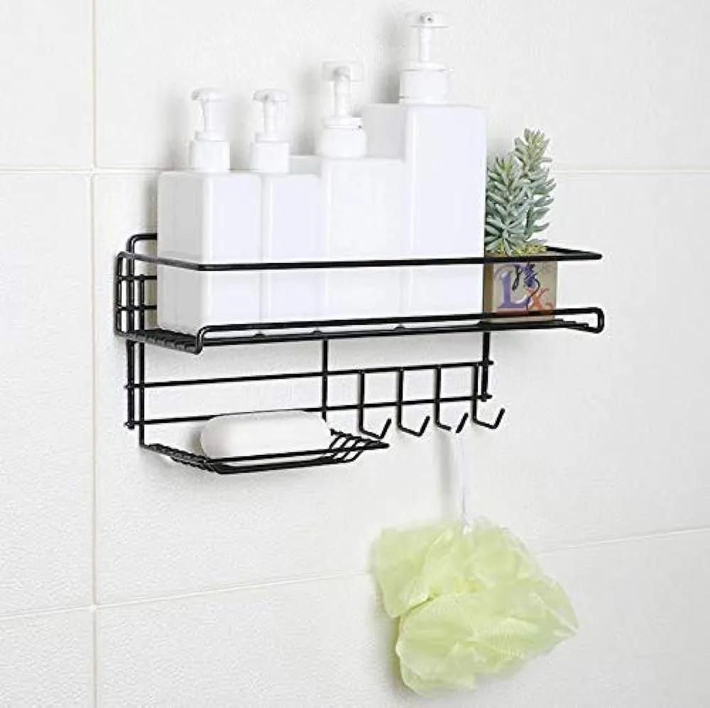 Black heavy-duty self-adhesive metal bathroom rack with hooks
