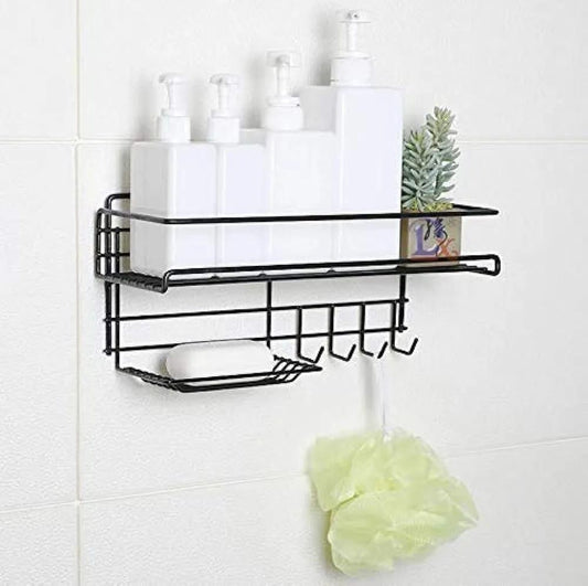 Black heavy-duty self-adhesive metal bathroom rack with hooks