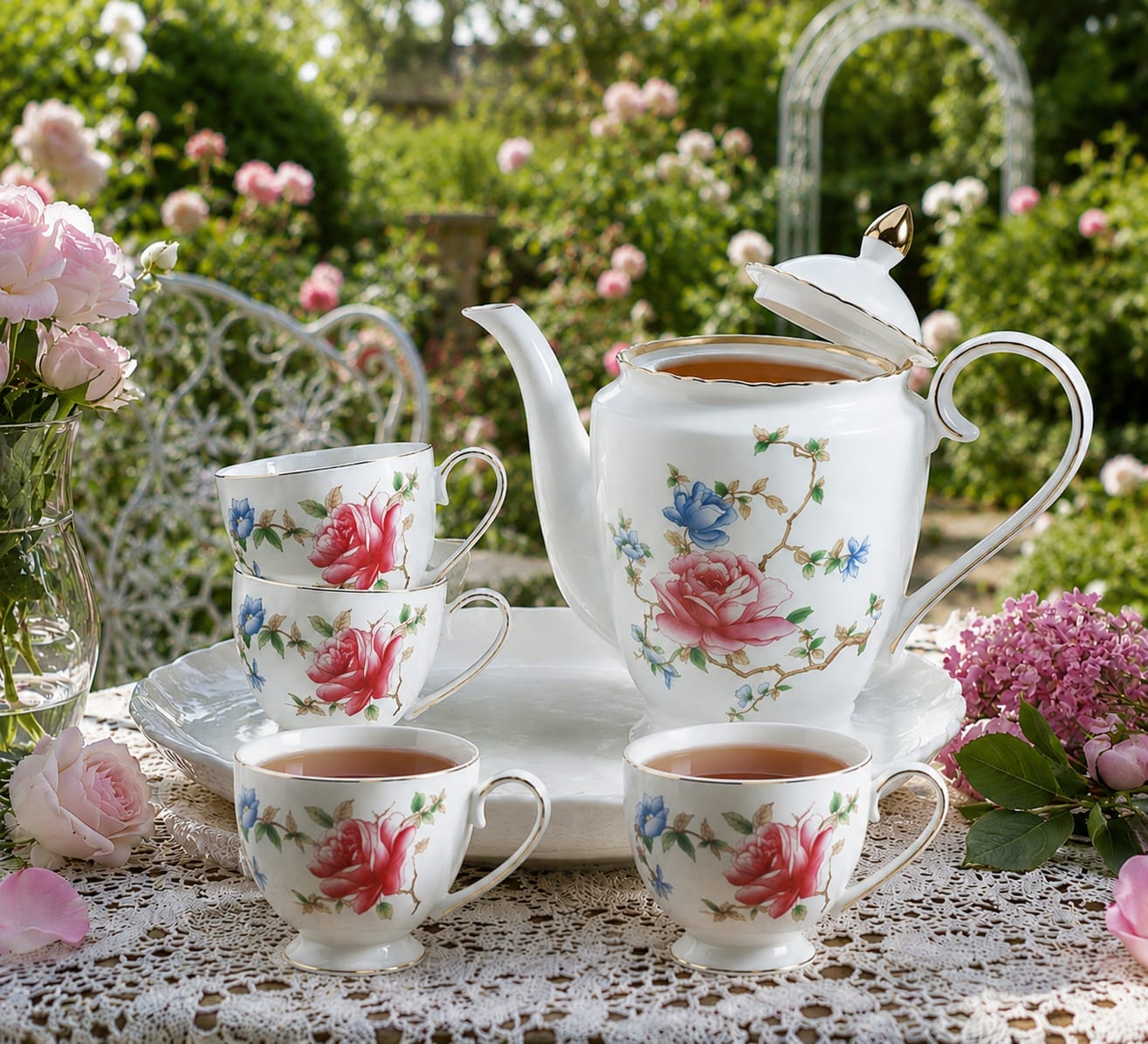 Porcelain Tea Set with Rose Pattern 8pcs Rotating Tray
