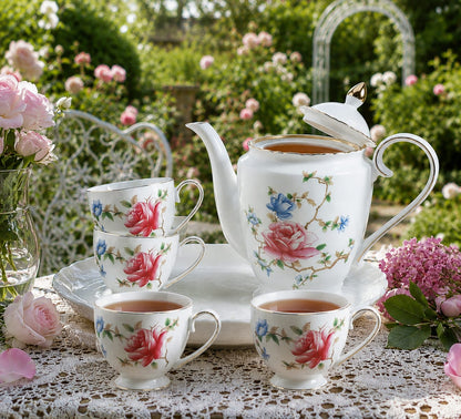 Porcelain Tea Set with Rose Pattern 8pcs Rotating Tray