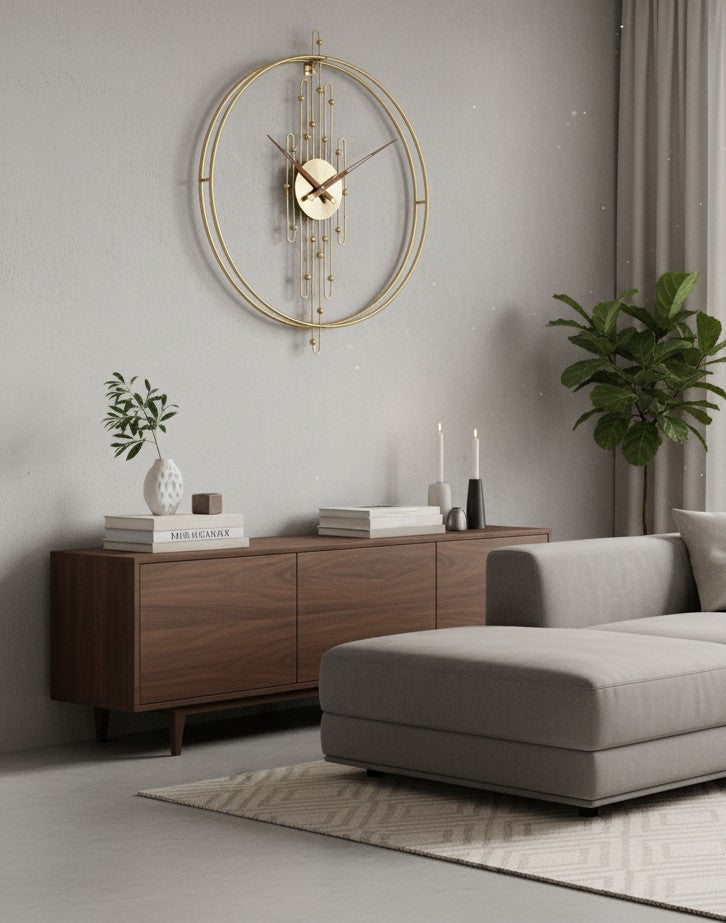 Double-circle gold metal wall clock with abstract Nordic design for elegant home décor