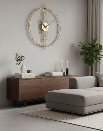 Double-circle gold metal wall clock with abstract Nordic design for elegant home décor
