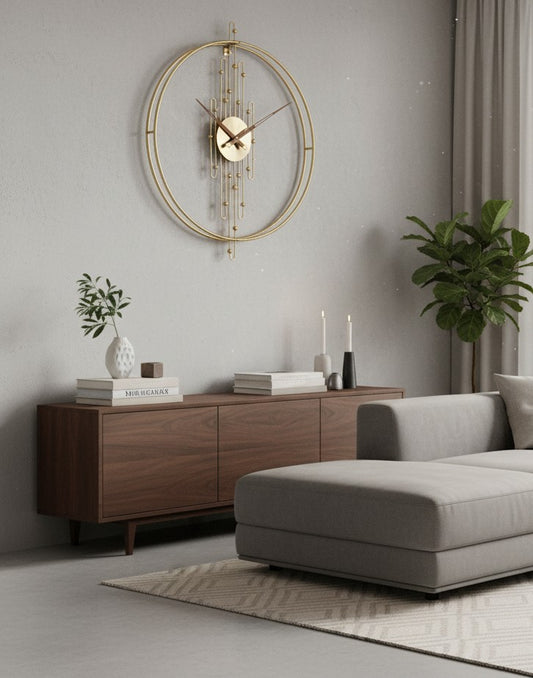 Double-circle gold metal wall clock with abstract Nordic design for elegant home décor