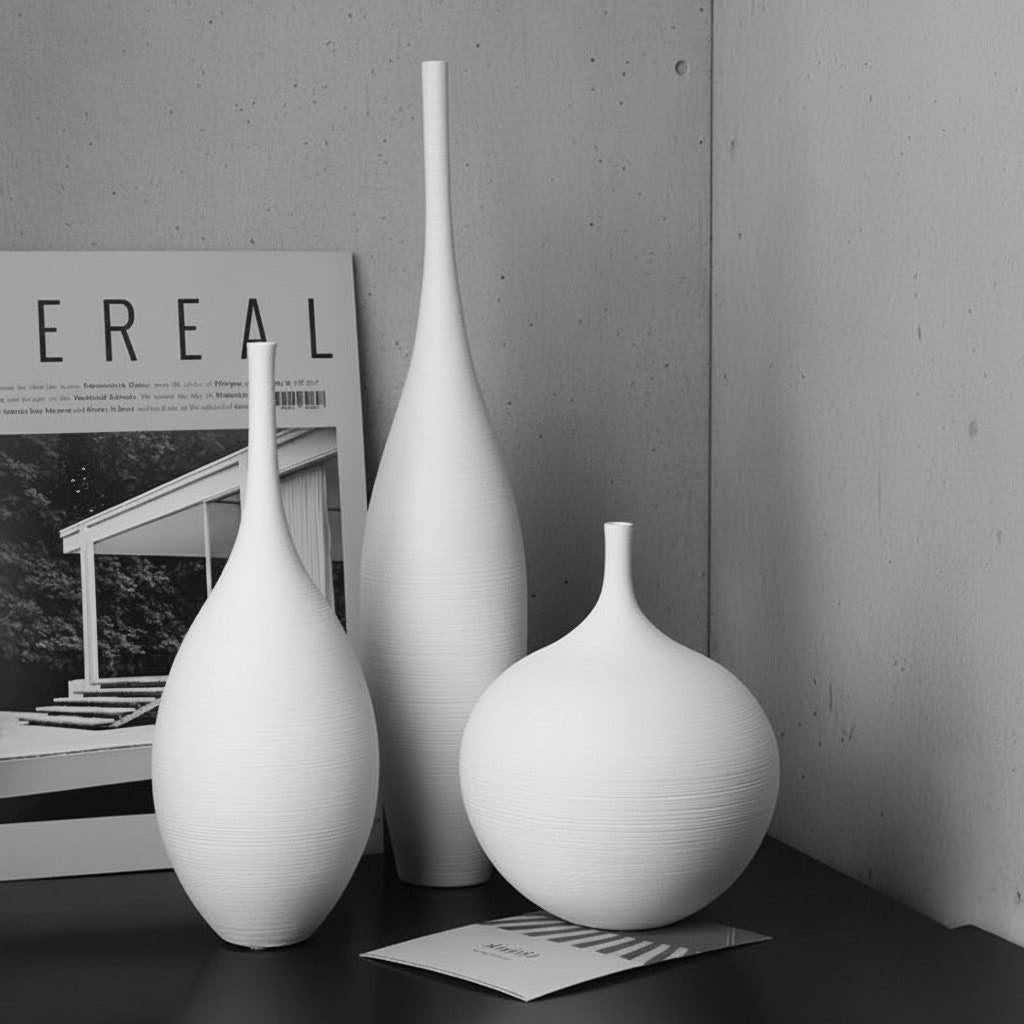 3pc White Brushed Ceramic Decor Vases