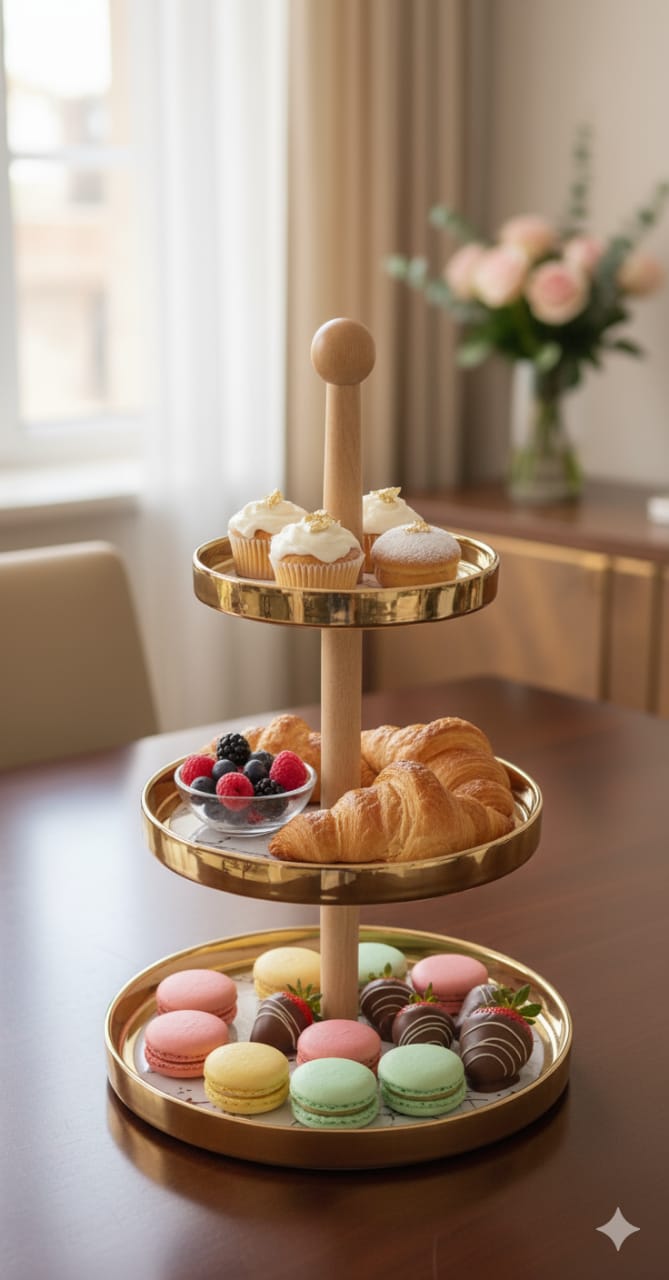 3-Layer Gold Marble Cake Stand with Bamboo Base