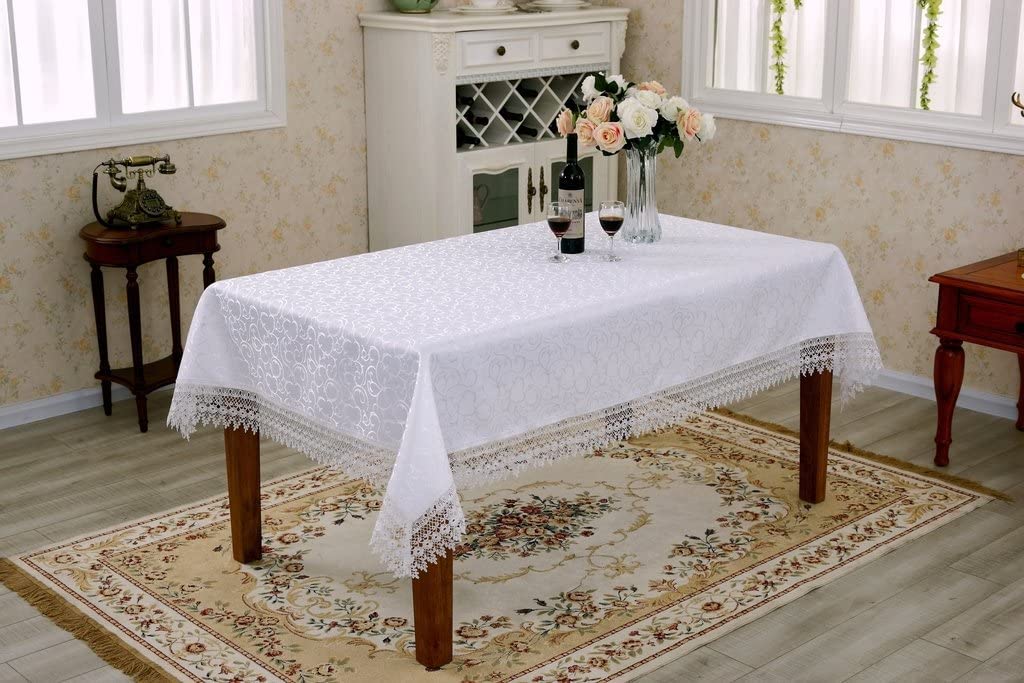 White polyester jacquard table cloth, 150 × 220 cm, elegant and durable for dining tables or special occasions. 