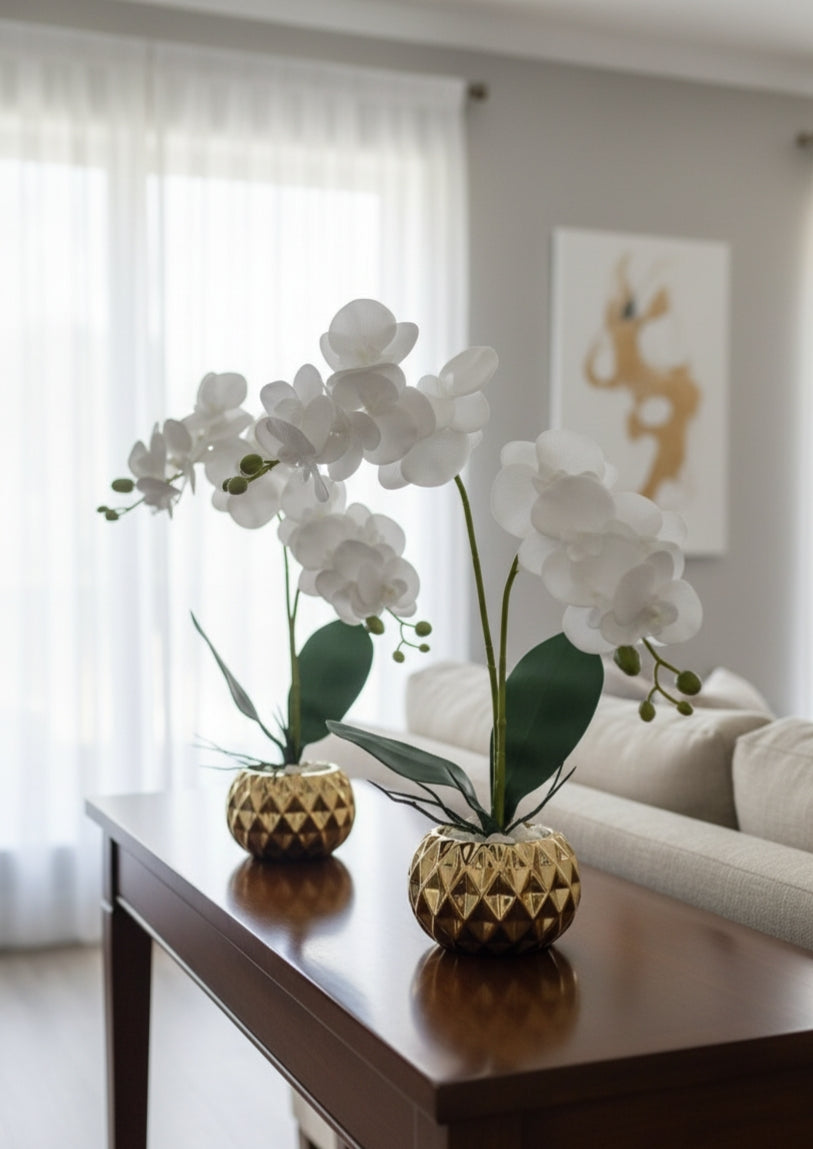 Mini ceramic vase with realistic orchid flowers for décor