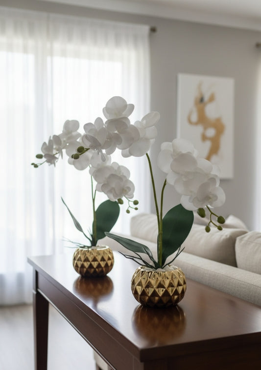 Mini ceramic vase with realistic orchid flowers for décor