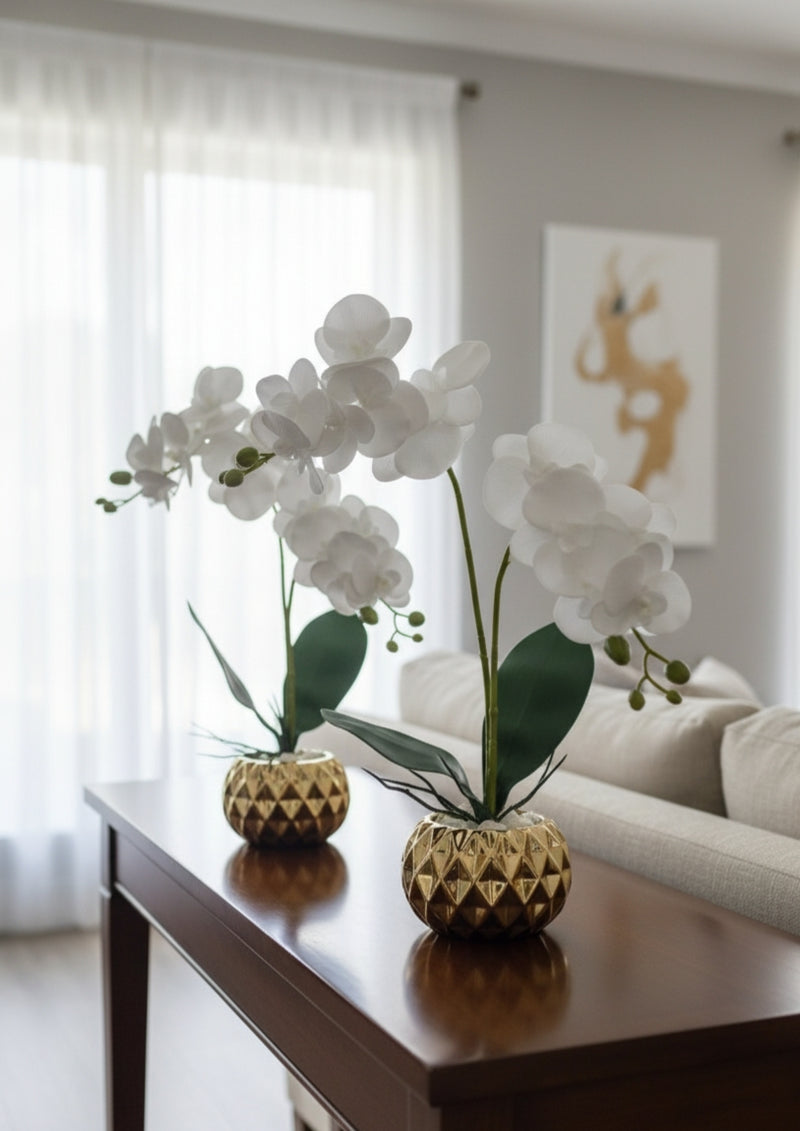 Mini ceramic vase with realistic orchid flowers for décor