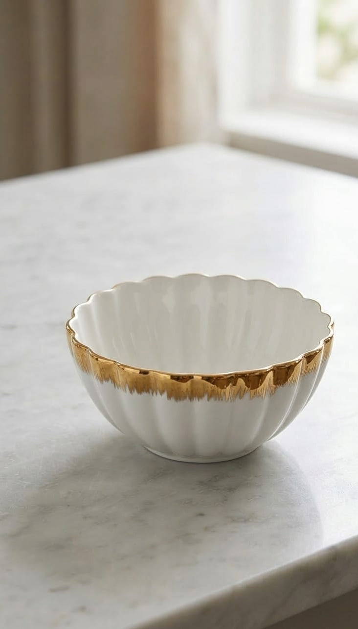 Set of 6 white and gold shell-shaped ceramic soup bowls, 6-inch size